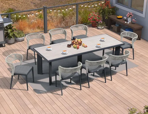 Miniatura 32 de PURPLE LEAF Juego de comedor redondo de 5 piezas de gran tamaño, marco de aluminio y mimbre de ratán para patio, mesa y sillas con cojines