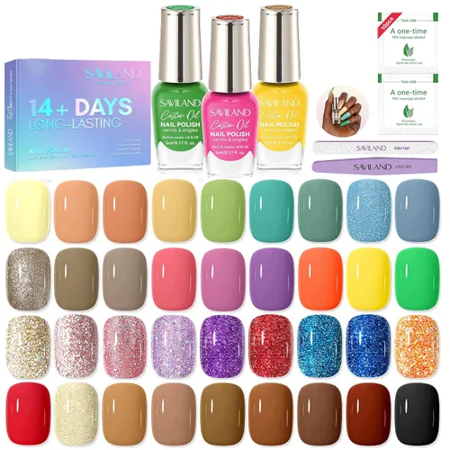 Miniatura 16 de SAVILAND Juego de esmaltes de uñas: kit regular de esmalte de uñas de secado rápido, color burdeos, rojo oscuro, morado, verde, con base de aceite
