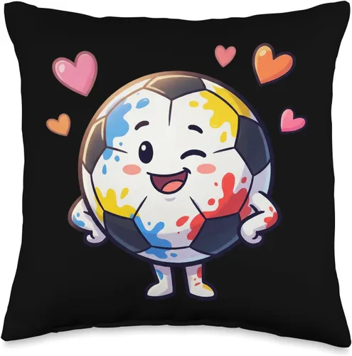 Adorable Soccer Ball Character Colorful Hearts Throw Pillow