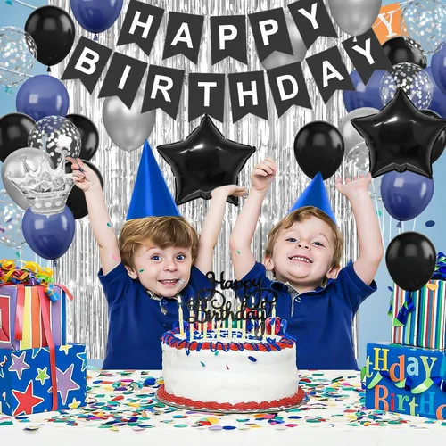Miniatura 5 de Decoraciones de cumpleaños azul marino y negro para hombres, globo de confeti negro y azul con pancarta de "Happy Birthday", cortinas con flecos