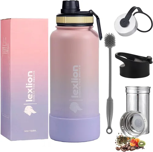Miniatura 10 de Lexlion Botella de Agua con Infusor de Té 32 Oz – Termo de Acero Inoxidable con Triple Pared Aislada, Colador para Hojas Sueltas y Frutas, 3 Tapas a