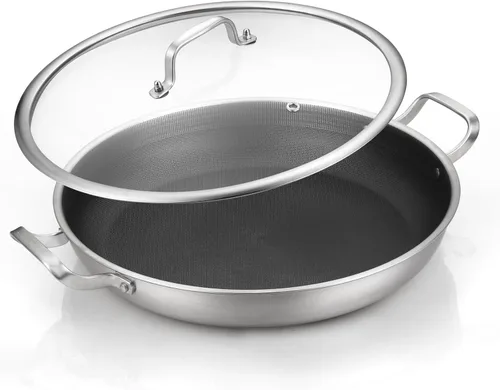 Miniatura 10 de DELARLO Sartén con tapa, sartén de acero inoxidable de tres capas, sartén antiadherente de 10 pulgadas, sartenes y sartenes, sartén antiadherente