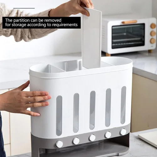 Miniatura 2 de Dispensador de cereales montado en la pared de 19.8 lbs, dispensador de alimentos secos de 5 rejillas, contenedor de almacenamiento de granos