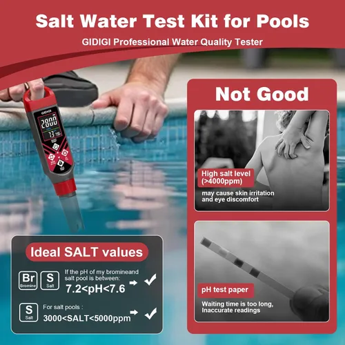 Miniatura 5 de Medidor digital de pH de piscina y probador de sal con batería AAA 5 en 1 pluma de pH Medidor de pH de sal roja
