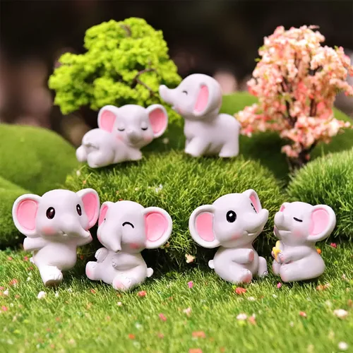 Miniatura 4 de Paquete de 6 mini figuras de elefante para decoración de pasteles, encantadores personajes de elefantes, decoración de jardín de hadas en miniatura