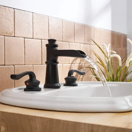 Miniatura 6 de BWE Grifo de baño generalizado de 3 agujeros, color negro mate con montaje de drenaje desplegable y manguera de suministro, cascada negra, de dos