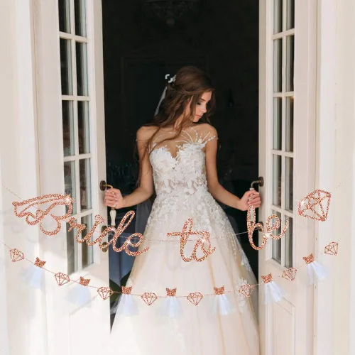 Miniatura 6 de pinkblume Cartel de oro rosa con la frase "Bride To Be", papel con purpurina de doble cara para vestido de boda, guirnalda de diamantes para novia