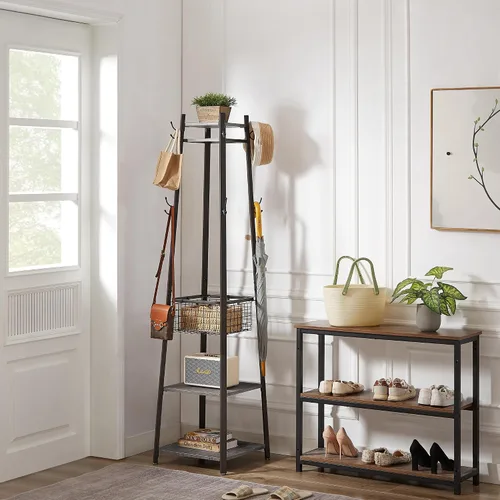 Miniatura 5 de VECELO Perchero industrial, soporte de ropa de Enterway con estantes de almacenamiento de 2 niveles y cesta de metal, árboles de pasillo mejorados