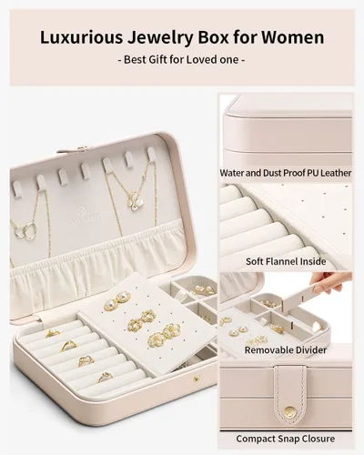 Miniatura 2 de Vlando Joyero de viaje para mujer, organizador de joyas de cuero portátil, para collares, aretes, anillos, pulseras, tamaño pequeño, regalos
