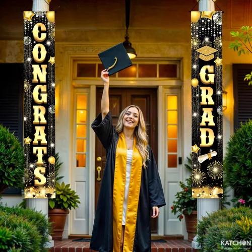 Miniatura 3 de Decoraciones de graduación 2026 Cartel de graduación negro y dorado – Grande, 72 x 12 pulgadas, NO DIY Cartel de felicitaciones graduadas