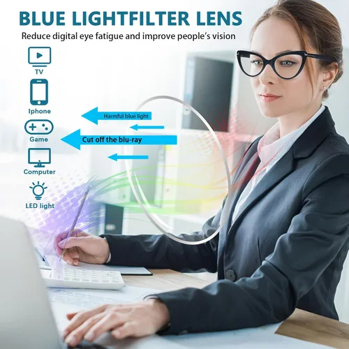 Miniatura 4 de Pack de 6 gafas de moda de ojo de gato para mujer con bloqueo de luz azul, bisagras de resorte extra grandes, lentes para computadora 6 mezcla