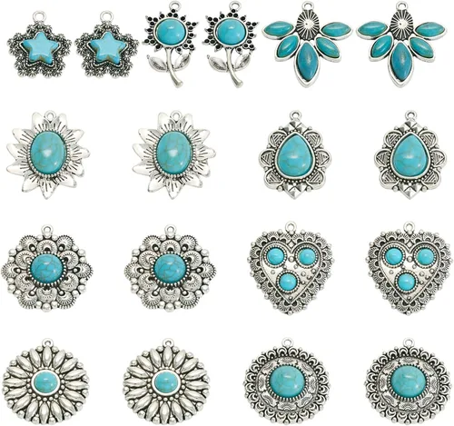 Miniatura 13 de Colgantes de estilo tibetano, dijes de piedra turquesa sintética para collar, pulsera, joyería, fabricación de artesanías, Gema, No es una piedra