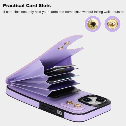 Miniatura 4 de Folosu Compatible con iPhone 15 Funda cartera con tarjetero con rotación de 360°, soporte de anillo de dedo con función atril, bloqueo RFID