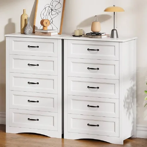 Miniatura 8 de Gizoon - Cómoda de 5 cajones, cómoda de madera blanca para dormitorio, gabinete de almacenamiento de gran capacidad de 43.3" con dispositivo