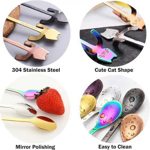 Miniatura 3 de Juego de 6 cucharas de té y café, de acero inoxidable, mini cucharas largas y lindas para gatito, para mezclar bebidas de postre (plateado)