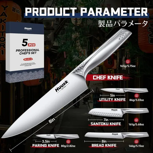 Miniatura 7 de Huusk Juego de cuchillos de chef japoneses – Juego de 5 cuchillos de cocina con mango ergonómico, juego de cuchillos de chef profesionales ultra