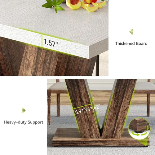 Miniatura 6 de LITTLE TREE Mesa de comedor de 47 pulgadas para 4, mesas de comedor modernas, mesa de cocina rectangular blanca con pedestal en forma de V marrón