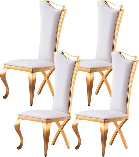 Miniatura 16 de Juego de 6 sillas de comedor modernas tapizadas de cuero con patas de acero inoxidable doradas, sillas de cocina contemporáneas sin brazos con Cuero