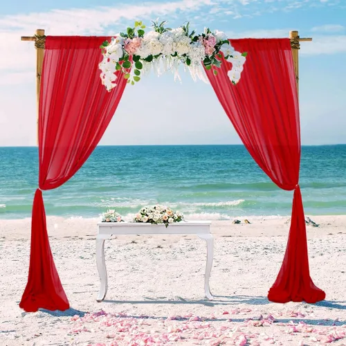 Miniatura 6 de Cortina de gasa roja de 5 x 7 pies, 2 paneles de telón de fondo de gasa para cortinas de decoración de boda, cortinas semitransparentes de tul