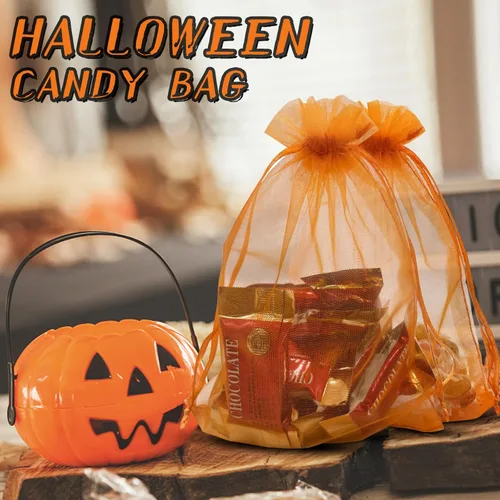 Miniatura 3 de Jexila - 100 bolsas de organza naranja de 5 x 7 pulgadas con cordón para calabazas de Halloween, bolsas de regalo para niños, bolsas de dulces