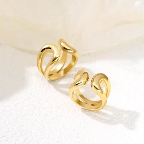 Miniatura 6 de Anillo de oro grueso chapado en oro real de 14 quilates, anillos abiertos para mujeres y hombres, doble capa, de alto pulido, apilable, grueso