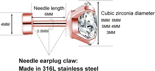 Miniatura 2 de 5 Pairs Stud Earrings Set, Hypoallergenic Cubic Zirconia 316L Earrings Stainless Steel CZ Earrings 3-8mm (Steel color)