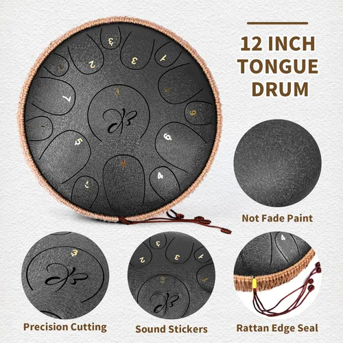 Miniatura 3 de Tambor de Lengua de Acero - 12 Pulgadas 15 Notas, Tambores de Lengua de Acero para Niños y Adultos, Handpan de Acero con Mazos, Hang Drum con Libro
