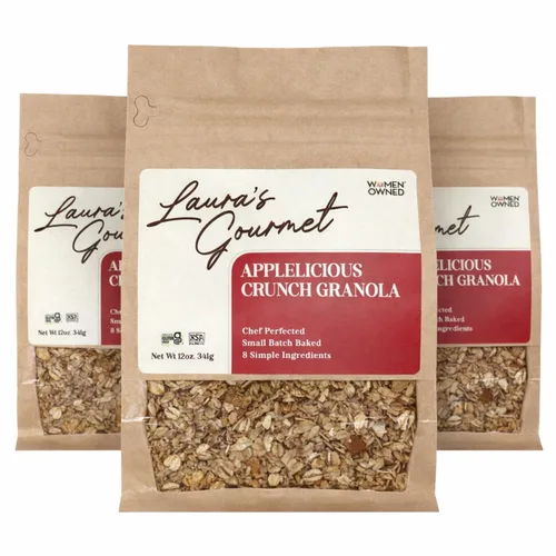 Laura's Gourmet Granola AppleLicious Crunch, 12 oz - 3 packs, Gluten-Free Oats, Vegan, Dairy & Soy Free Snack, Organic Agave, Cinnamon Diced Apples,