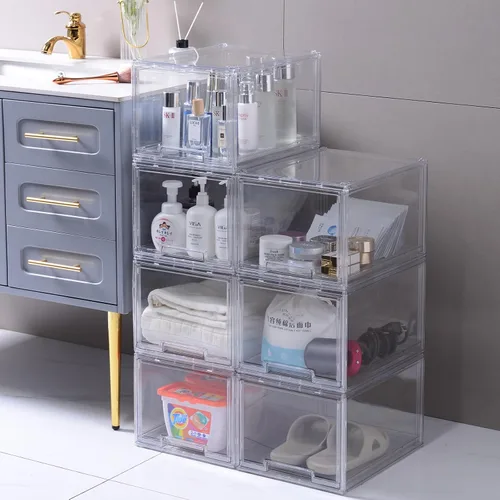 Miniatura 2 de DILIBRA Paquete de 2 cajones grandes apilables de almacenamiento, organizadores de cajones de plástico transparente para baño debajo del fregadero