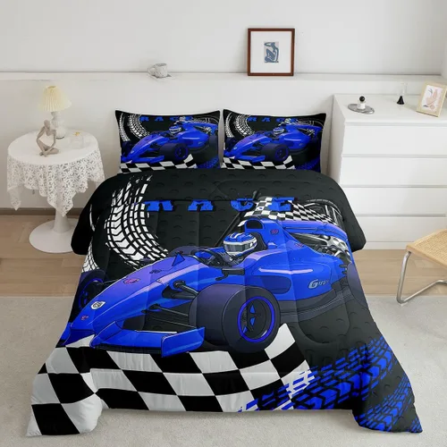 Miniatura 14 de Erosebridal Juego de edredón individual de motocicleta de carreras para niños, juego de ropa de cama de panal con luces de neón azules, motocross