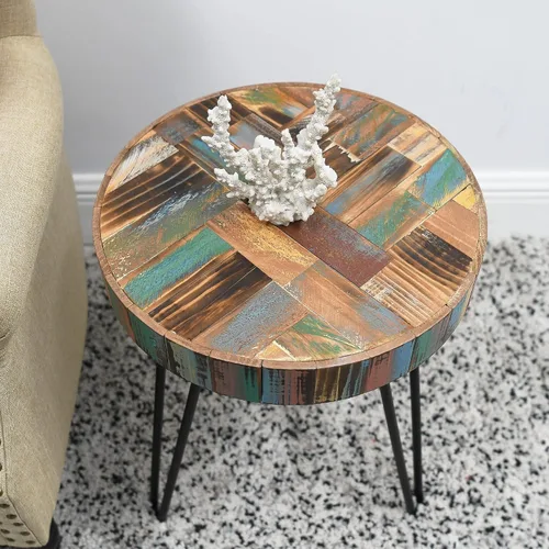 Miniatura 3 de Home Soft Things Mesa auxiliar redonda de madera recuperada para sala de estar, dormitorio, espacios pequeños, patio, sofá al aire libre, mesa