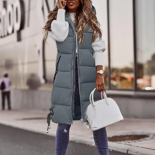Miniatura 2 de COKUERA Chalecos largos y cálidos de invierno para mujer, color sólido, acolchado, ligeros, sin mangas, con capucha