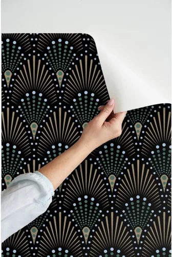 Miniatura 3 de Muestras de papel tapiz para despegar y pegar, ventilador Art Deco negro, verde, marrón, dorado, geométrico, puntos geométricos, papel tapiz
