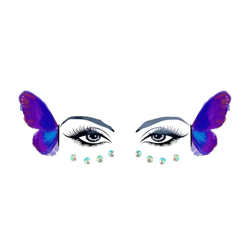 Neva Nude Tatuaje facial de mariposa con purpurina morada con joyas de cristal brillante, adhesivo de grado médico, impermeable y resistente al