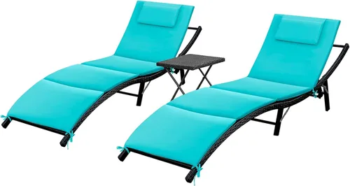 Miniatura 9 de GUNJI Tumbonas para exteriores de 3 piezas, tumbonas ajustables para patio, juego de 2 tumbonas de mimbre para exteriores con mesa, tumbona plegable