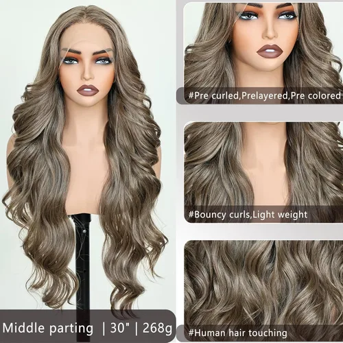 Miniatura 4 de FABELLE - Peluca de cabello sintético rubio ceniza con encaje frontal de 13 x 4 HD, sin pegamento, parte media ondulada de 30 pulgadas, para usar