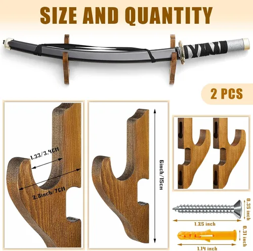 Miniatura 3 de Chunful - 2 piezas de soporte de pared para espada, soporte de katana, soporte de 1 nivel, soporte de katana de madera ajustable para exhibición