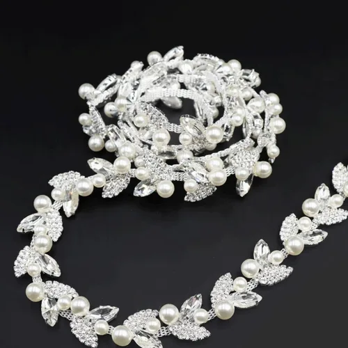 Miniatura 15 de Jerler Cadena de diamantes de imitación de cristal de 1 yarda, cuentas de perlas incrustadas para decoración de bricolaje y adornos de novia, ideal