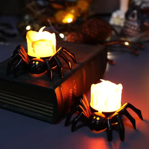 Miniatura 4 de YBB 12 velas de té de araña de Halloween, novedosas velas LED sin llama, funciona con pilas, lámparas de té naranja para fiesta de Halloween, mesa