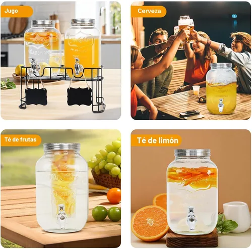 Miniatura 3 de Paquete de 2 dispensadores de bebidas de vidrio de 1 galón para fiestas - Dispensador de bebidas a prueba de fugas con soporte, grifo, cilindro