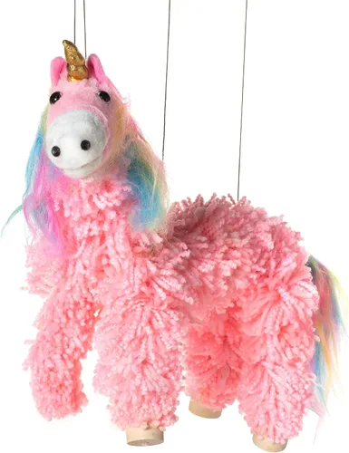 Artisan Owl Marioneta de unicornio rosa de hilo y felpa, pies de madera y cuerdas desmontables, los estilos varían (rosa)