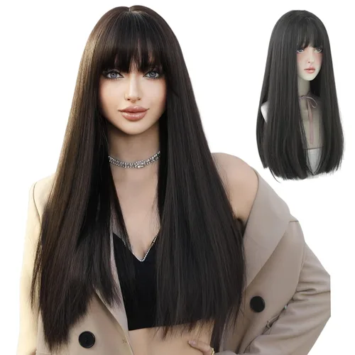 Miniatura 16 de 7JHH WIGS - Peluca de cabello sintético largo y liso con flequillo para mujer, aspecto natural (22 pulgadas, té negro)