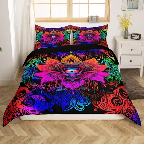 Miniatura 32 de Erosebridal Juego de ropa de cama bohemio con sol y luna, funda de edredón hippie de 3 piezas, colorida funda de edredón teñida anudada, funda