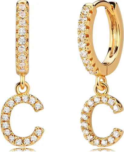 Mevecco Aretes de aro de oro delicado de 18 quilates con circonita cúbica en pavé con iniciales A-Z de 26 letras personalizadas, diminutas colgantes