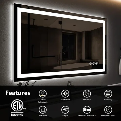 Miniatura 2 de ROOMTEC Espejo LED de 42 x 30 pulgadas para baño, retroiluminado, antiniebla, regulable, montaje vertical y horizontal