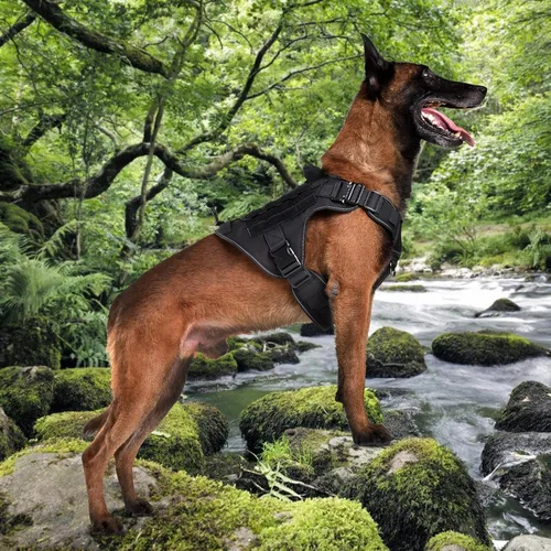 Miniatura 6 de Arnés táctico para perro, 2 hebillas de metal, arnés reflectante militar para perro con soporte oculto para Airtag y asa, chaleco ajustable