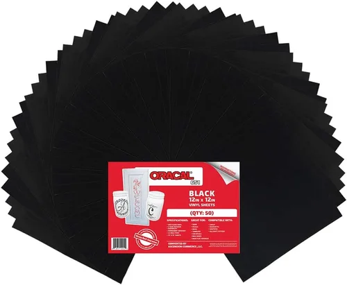 (50) hojas de 12 x 12 pulgadas, vinilo adhesivo negro ORACAL 651 para Cricut, Silhouette, Cameo, cortadores de manualidades, impresoras y