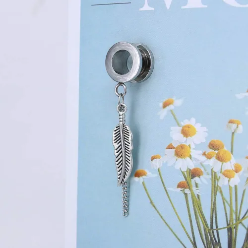 Miniatura 3 de ZS Vintage Moon Dangle Ear Tunnels Plug Stainless Steel Screw Ear Gauge Feather Chain Ear Expander Flesh Tunnels Piercing