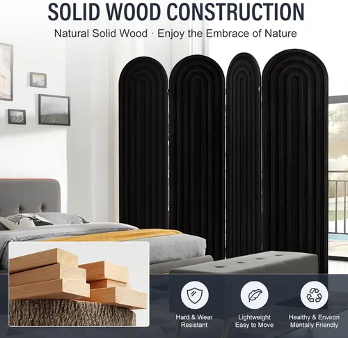 Miniatura 5 de Divisor de habitación de 4 paneles, pantalla de privacidad plegable arqueada de 66.9 pulgadas de alto, divisor de madera independiente