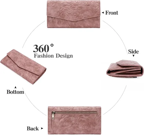 Miniatura 7 de GOIACII Cartera de mujer con bloqueo RFID para tarjetas de crédito, monedero con cremallera y bolsillo para monedas, flor en relieve, color rosa